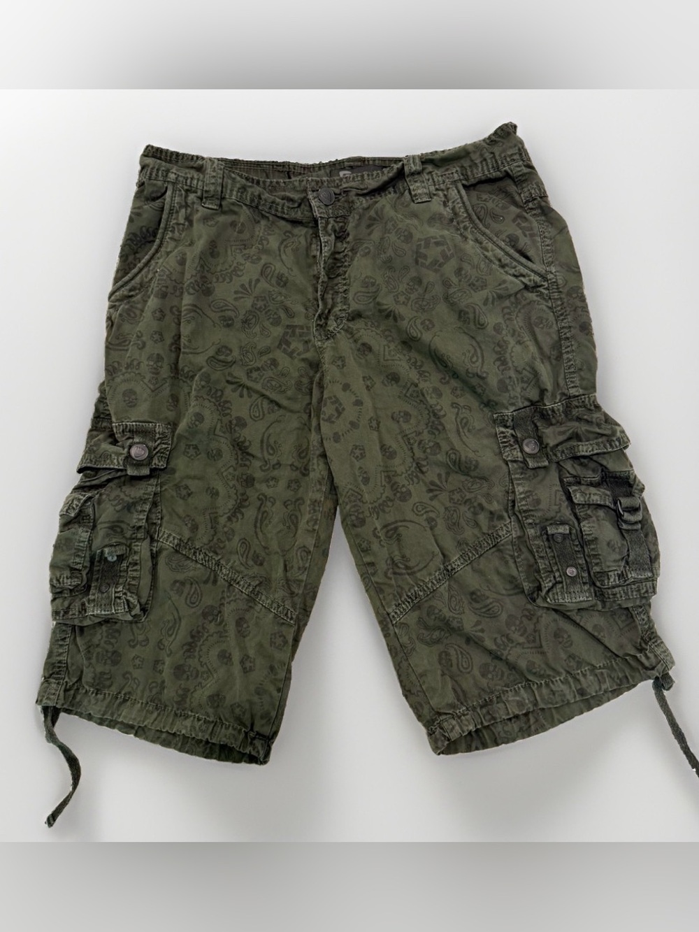 Fried Denim Cargo Shorts Men 34 Green Olive Military Utility Paratrooper Skulls